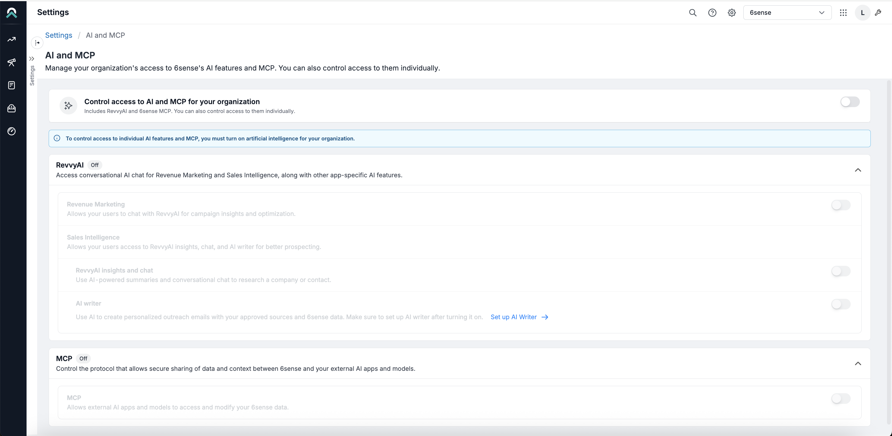 Settings page for managing AI and MCP access with various feature descriptions.